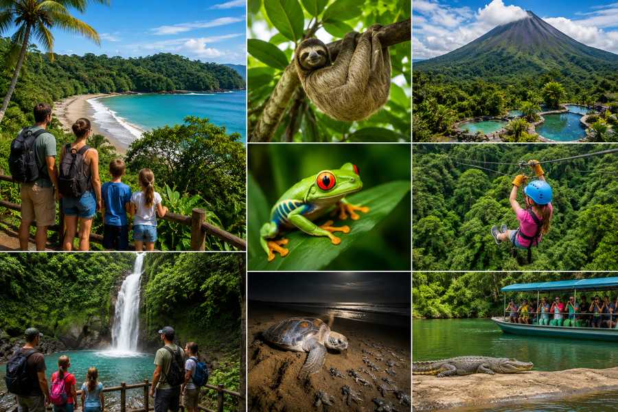Costa Rica family travel collage featuring Manuel Antonio Beach, Arenal Volcano, sloths, red-eyed tree frogs, Monteverde zip-lining, sea turtle nesting, waterfalls, and rainforest wildlife adventures.
