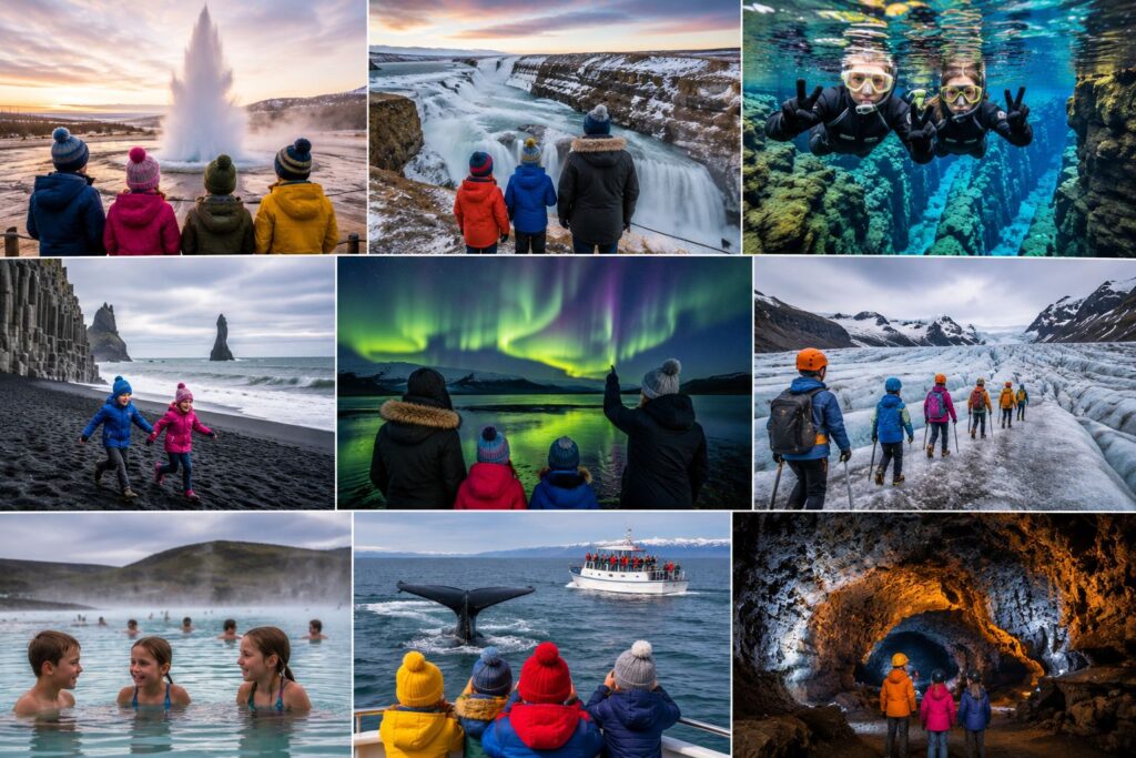 Iceland family travel collage featuring the Golden Circle, Northern Lights, glacier hiking, whale watching, Blue Lagoon, lava caves, and children exploring Icelandic landscapes.