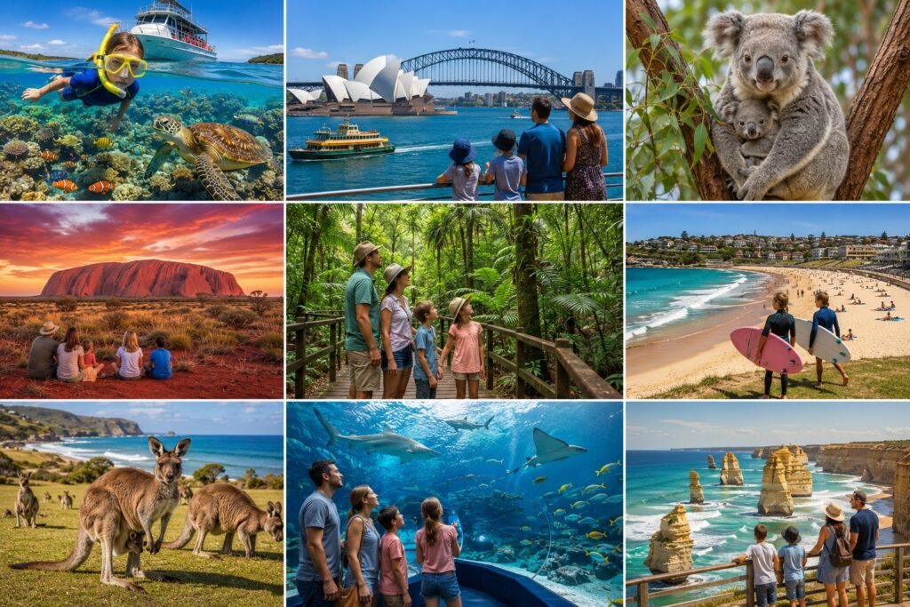 Australia family travel collage featuring the Great Barrier Reef, Sydney Opera House, Sydney Harbour Bridge, koalas, kangaroos, Uluru, Daintree Rainforest, Bondi Beach, and the Twelve Apostles coastal cliffs.