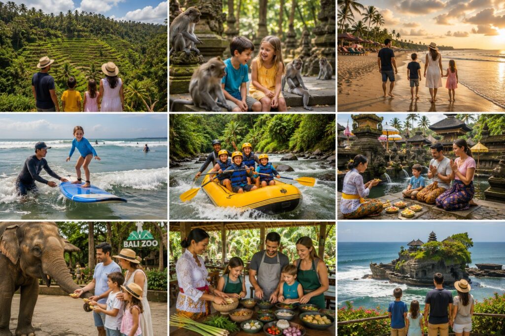 Bali family travel collage featuring Tegalalang rice terraces, Sacred Monkey Forest Ubud, Seminyak Beach, surf lessons, Ayung River rafting, Balinese temples, Bali Zoo, family cooking classes, and coastal cliff views.