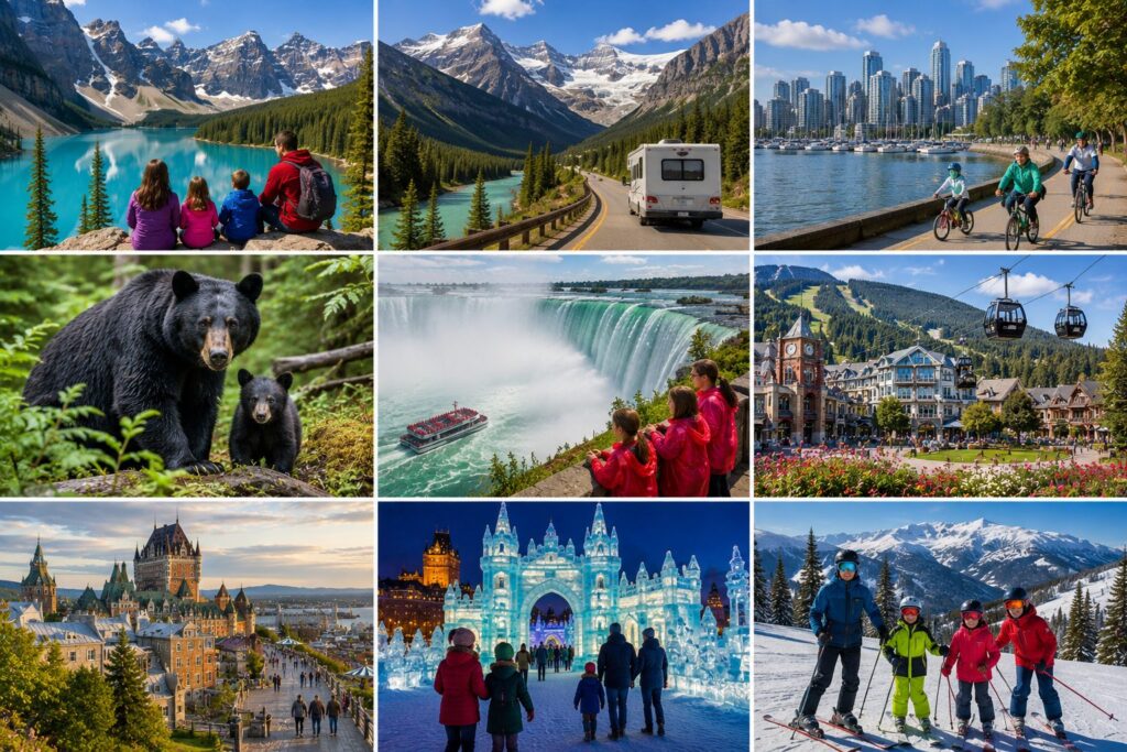Canada family travel collage featuring Banff National Park, Lake Louise, Icefields Parkway, Vancouver Stanley Park, Niagara Falls, Whistler ski resort, Quebec City, winter festivals, and Canadian wildlife.