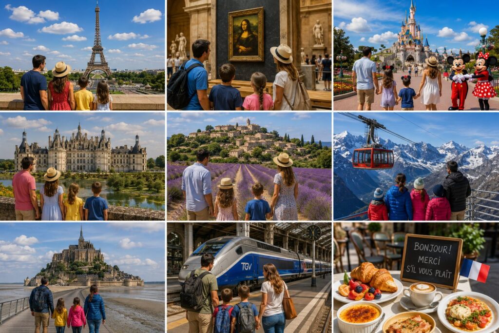 France family travel collage featuring Eiffel Tower, Louvre Museum, Disneyland Paris, Loire Valley castles, Provence lavender fields, French Alps, Mont Saint-Michel, TGV train travel, and French cuisine.