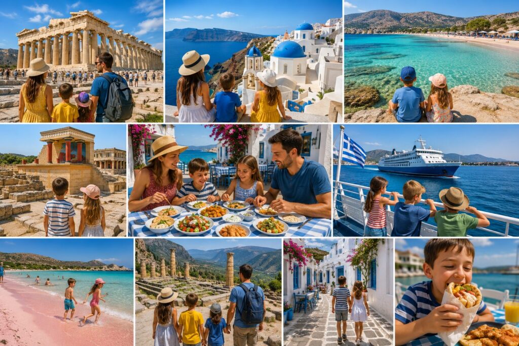 Greece family travel collage featuring the Acropolis in Athens, Santorini blue domes, Elafonissi Beach in Crete, Knossos Palace, island ferry hopping, Greek family dining, Delphi ruins, and children exploring the Greek islands.