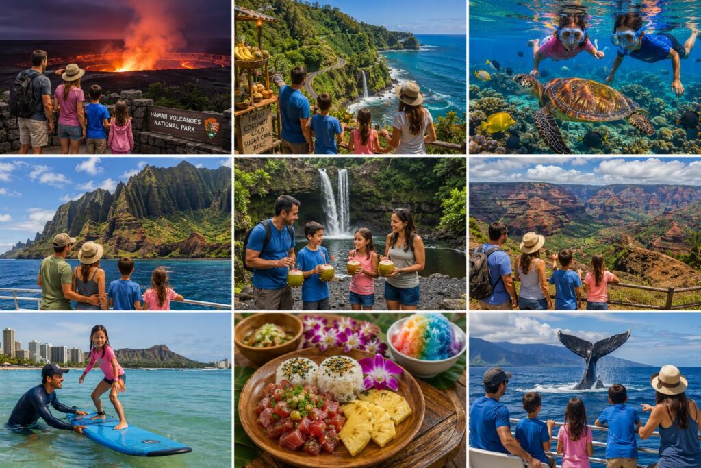 Hawaii family travel collage featuring Hawaii Volcanoes National Park, Road to Hana Maui, sea turtle snorkeling, Na Pali Coast boat tour, tropical waterfalls, Waimea Canyon, Waikiki surf lessons, Hawaiian food, and humpback whale watching.
