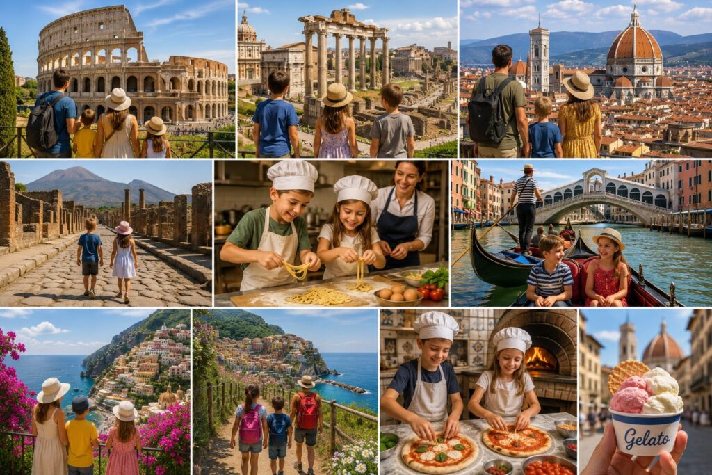 Italy family travel collage featuring the Colosseum, Roman Forum, Florence, Venice gondola rides, Pompeii, Amalfi Coast, pasta-making classes, pizza-making experiences, and Italian gelato for kids.
