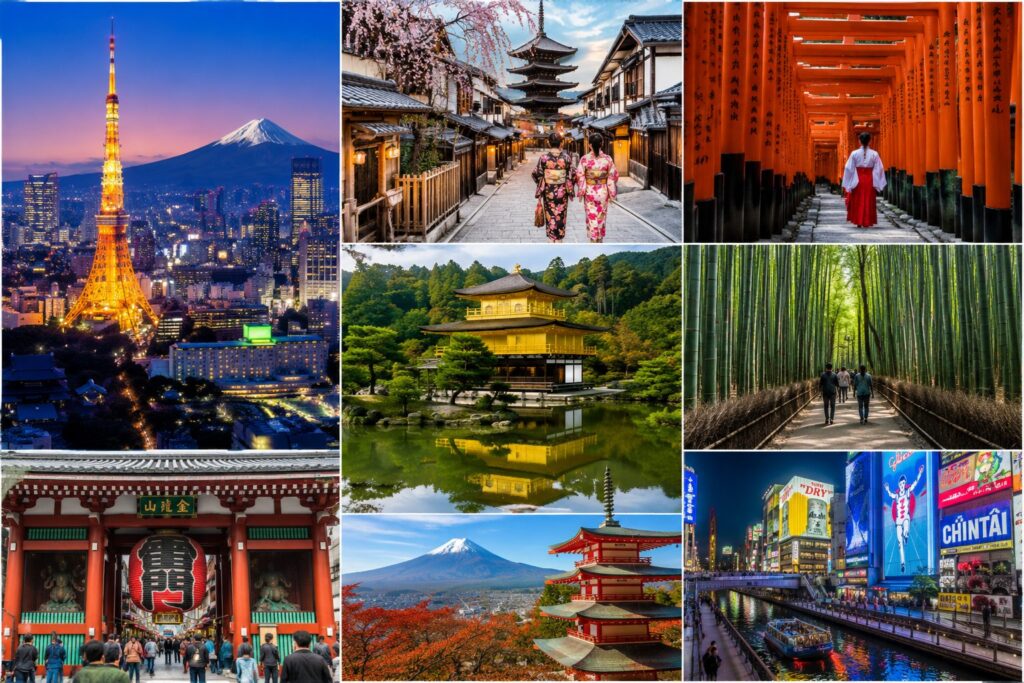 Japan family travel collage featuring Tokyo skyline, Mount Fuji, Kyoto temples, Fushimi Inari Shrine, Arashiyama Bamboo Forest, traditional Japanese streets, Senso-ji Temple, and Osaka city lights.