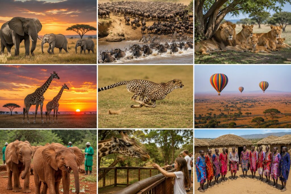 Kenya family safari collage featuring Maasai Mara wildlife safaris, the Great Migration, elephants, lions, giraffes, cheetahs, hot air balloon rides, elephant conservation experiences, and Maasai cultural visits.