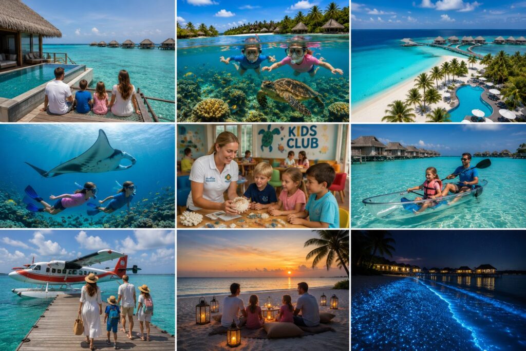 Maldives family travel collage featuring overwater villas, snorkeling with sea turtles, manta ray encounters, glass-bottom kayaking, seaplane transfers, kids clubs, tropical beaches, sunsets, and bioluminescent beach nights.