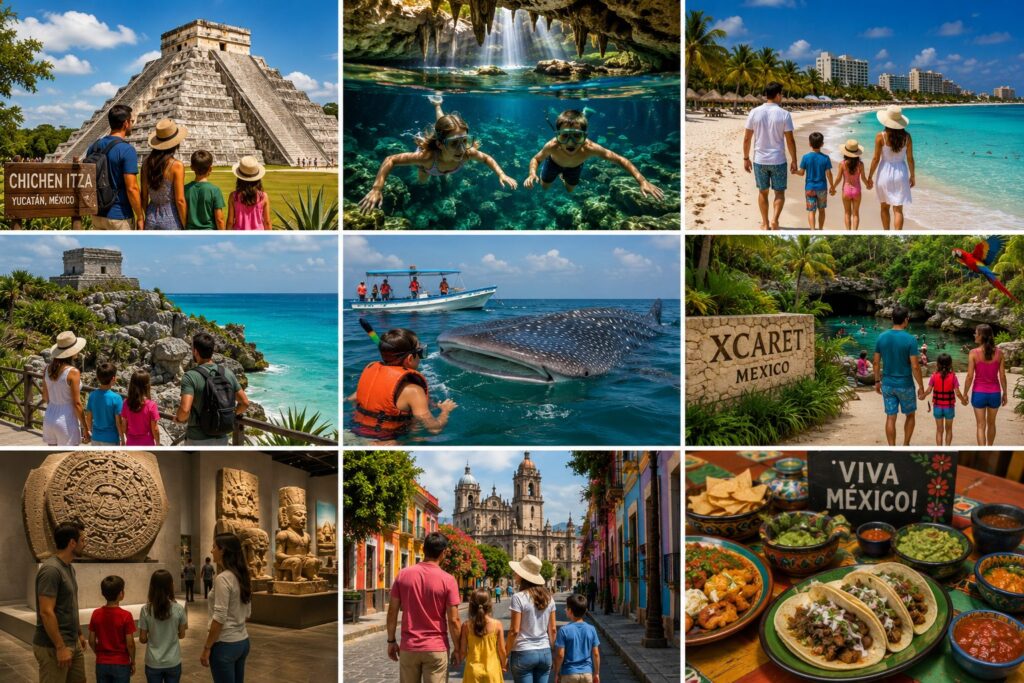 Mexico family travel collage featuring Chichen Itza, Yucatan cenote swimming, Cancun beaches, Tulum ruins, whale shark snorkeling, Xcaret eco-park, National Anthropology Museum, colorful colonial streets, and authentic Mexican cuisine.