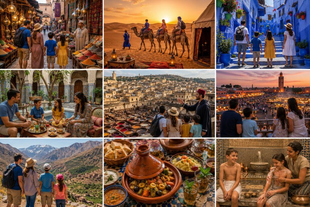 Morocco family travel collage featuring Marrakech souks, Sahara Desert camel trek, Chefchaouen blue city, traditional riad courtyard, Fes medina, Djemaa el-Fna market, Atlas Mountains, Moroccan tagine cuisine, and family hammam experiences.
