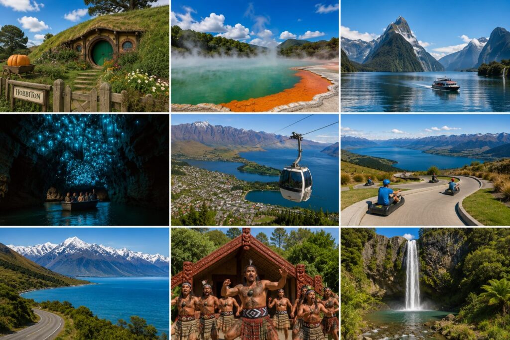 New Zealand family travel collage featuring Hobbiton, Rotorua geothermal parks, Milford Sound, Waitomo Glowworm Caves, Queenstown luge, Maori cultural experiences, alpine lakes, waterfalls, and scenic South Island landscapes.