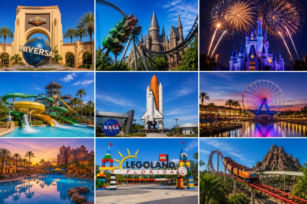 Orlando family travel collage featuring theme parks, roller coasters, fireworks, water parks, space exploration attractions, resort pools, observation wheel views, and family-friendly entertainment in Florida.