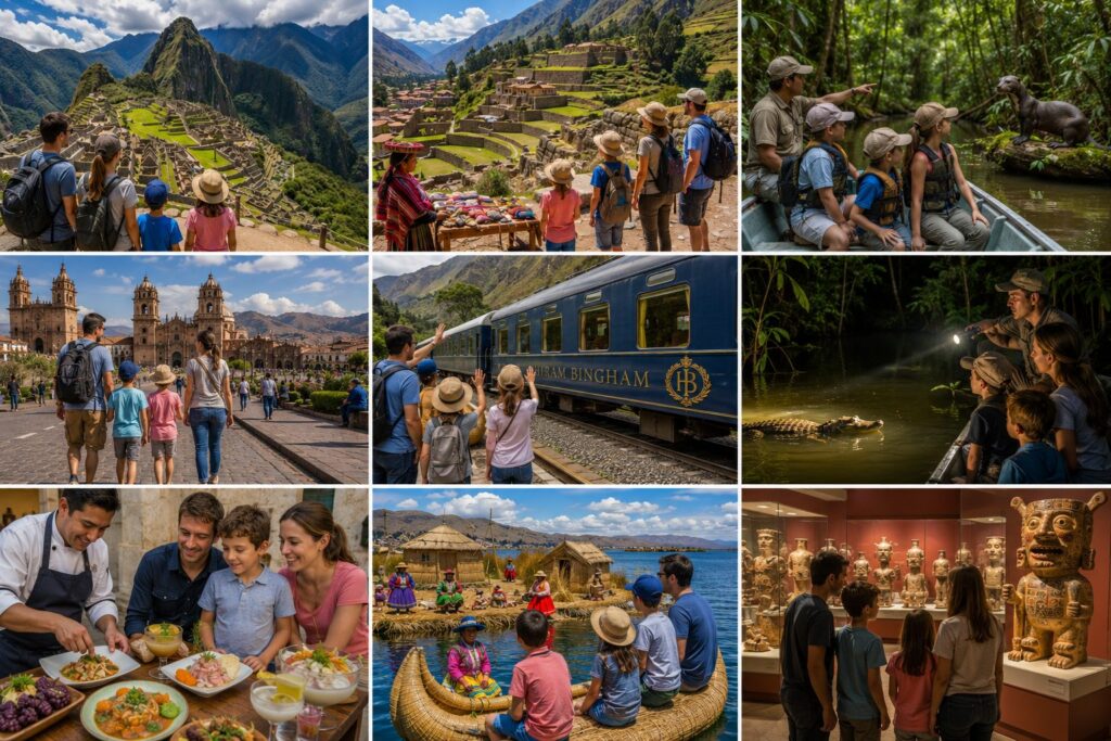 Peru family travel collage featuring Machu Picchu, Sacred Valley terraces, Amazon rainforest adventures, Cusco historic center, Hiram Bingham train, Lake Titicaca floating islands, Peruvian cuisine, and ancient Incan culture.