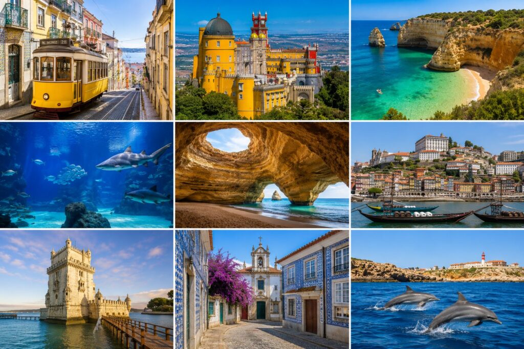 Portugal family travel collage featuring Lisbon Tram 28, Pena Palace in Sintra, Algarve beaches, Benagil Cave, Lisbon Oceanarium, Porto riverfront, Belem Tower, azulejo streets, and dolphin watching experiences.