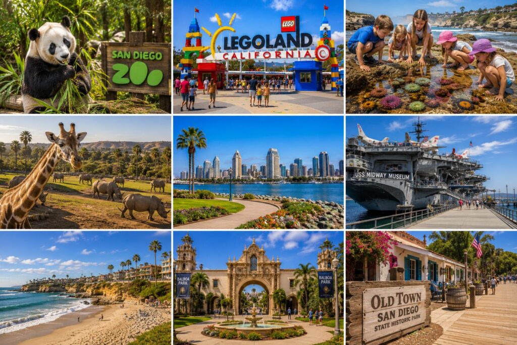 San Diego family travel collage featuring the San Diego Zoo, LEGOLAND California, La Jolla tide pools, Balboa Park, USS Midway Museum, Safari Park wildlife, beaches, and family-friendly attractions.
