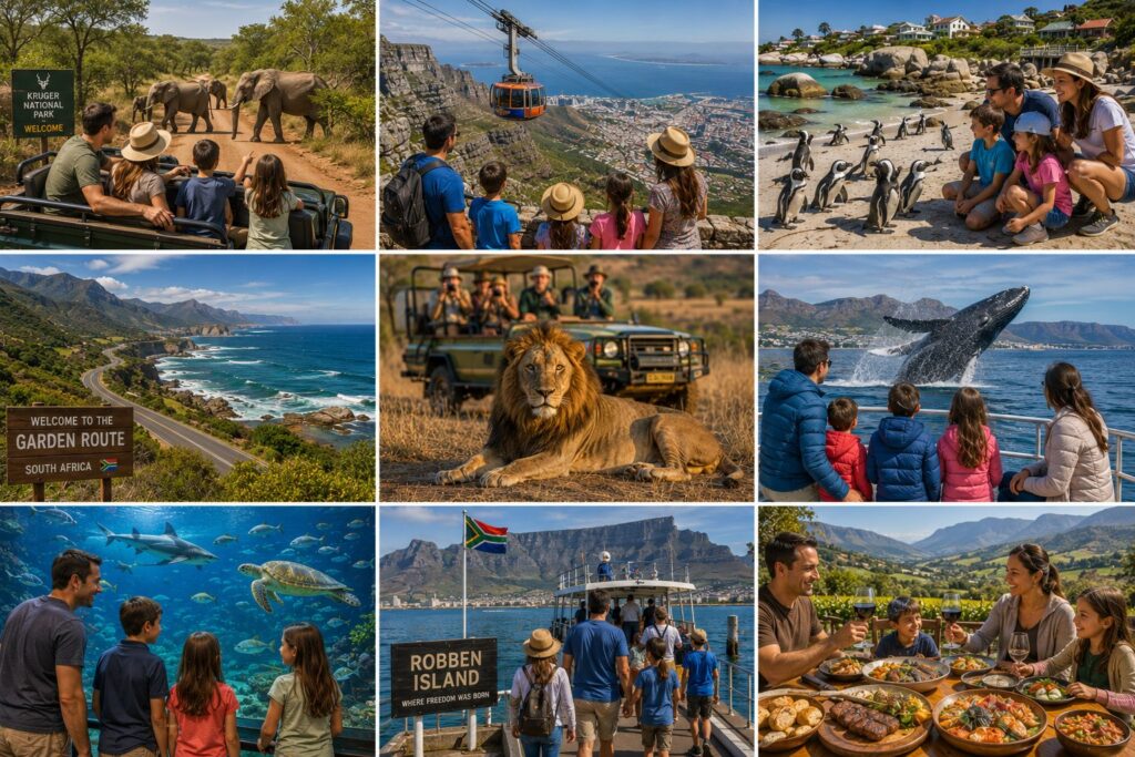South Africa family travel collage featuring Kruger National Park safari, Table Mountain cable car, Boulders Beach penguins, Garden Route coastline, Big Five wildlife, Hermanus whale watching, Two Oceans Aquarium, Robben Island, and South African cuisine.