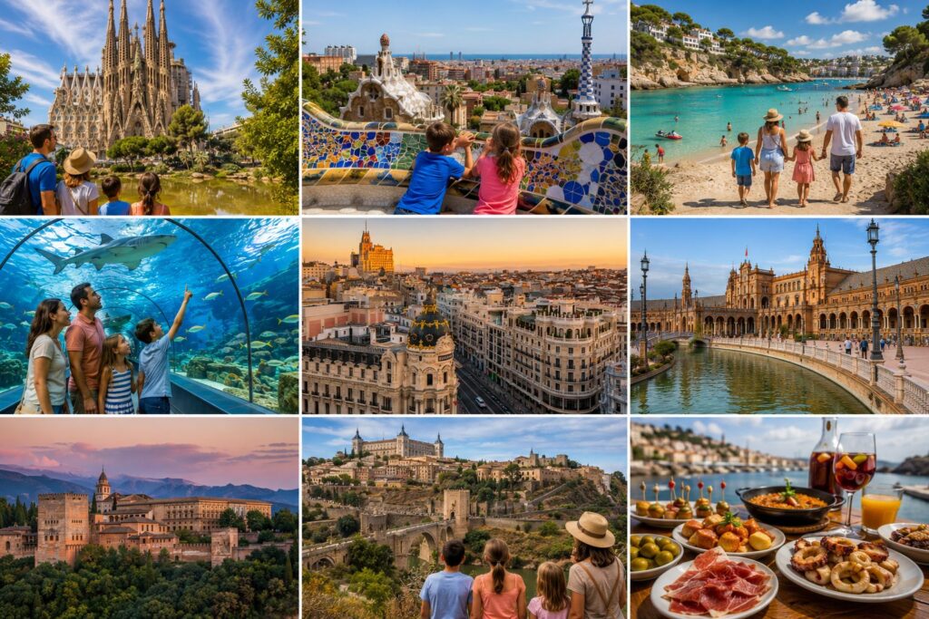 Spain family travel collage featuring Sagrada Familia, Park Güell, Mallorca beaches, Barcelona Aquarium, Madrid city views, Plaza de España in Seville, Alhambra in Granada, Toledo, and traditional Spanish cuisine.