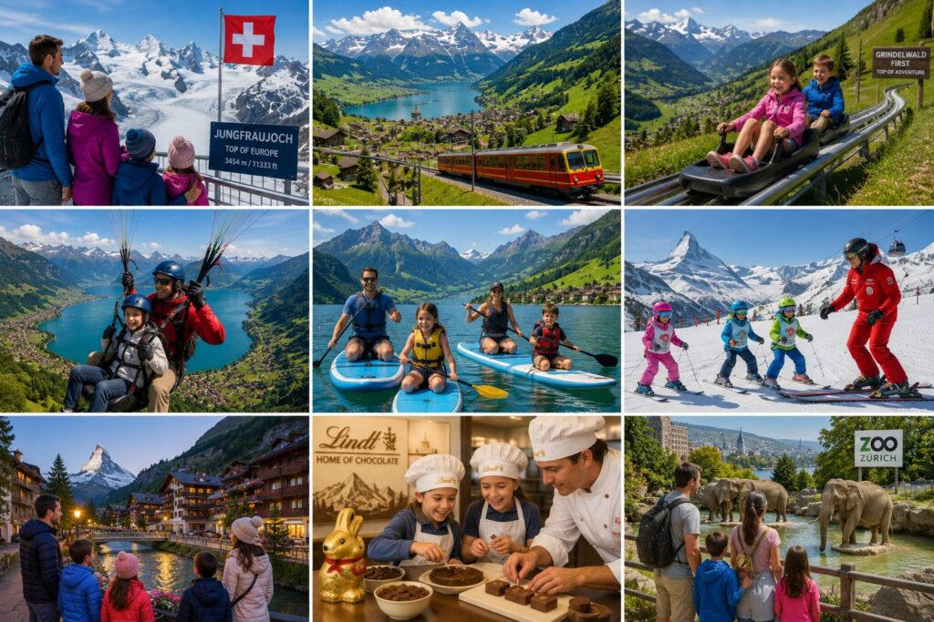 Switzerland family travel collage featuring Jungfraujoch Top of Europe, Swiss mountain railways, Grindelwald summer luge, Interlaken paragliding, Lake Brienz paddle boarding, Zermatt Matterhorn views, family skiing, Swiss chocolate factory tour, and Zurich Zoo.