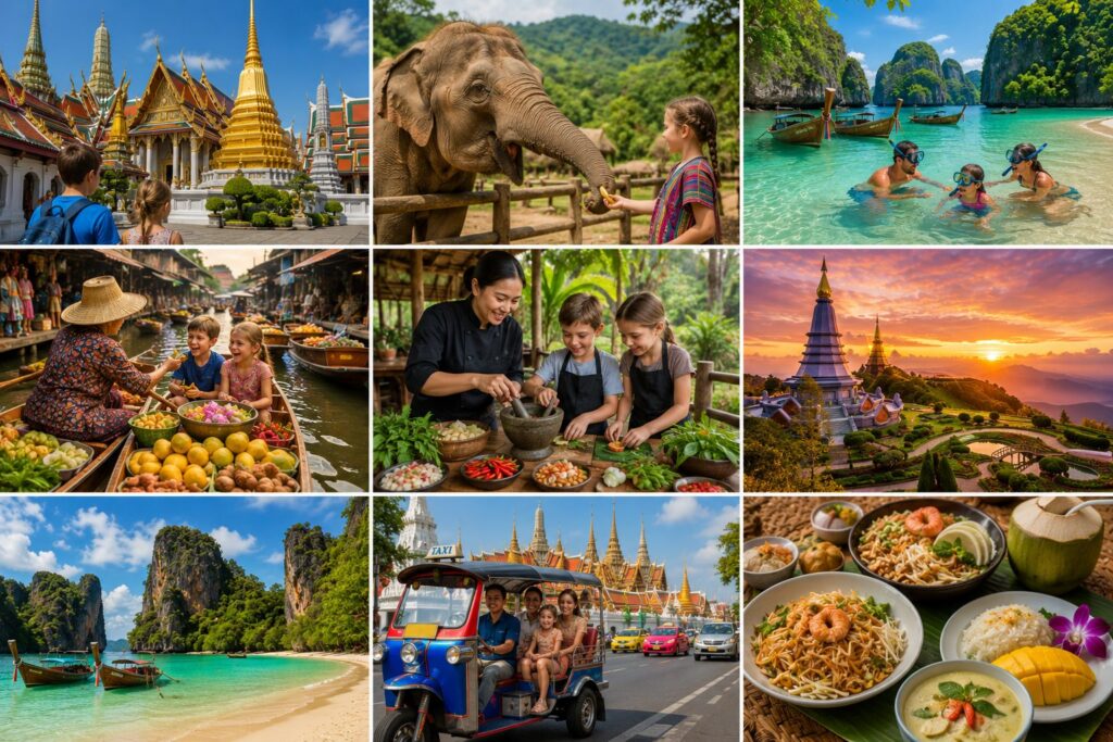Thailand family travel collage featuring Bangkok temples, ethical elephant sanctuaries in Chiang Mai, Phi Phi Islands snorkeling, floating markets, Thai cooking classes, tuk-tuk rides, tropical beaches, and authentic Thai cuisine.