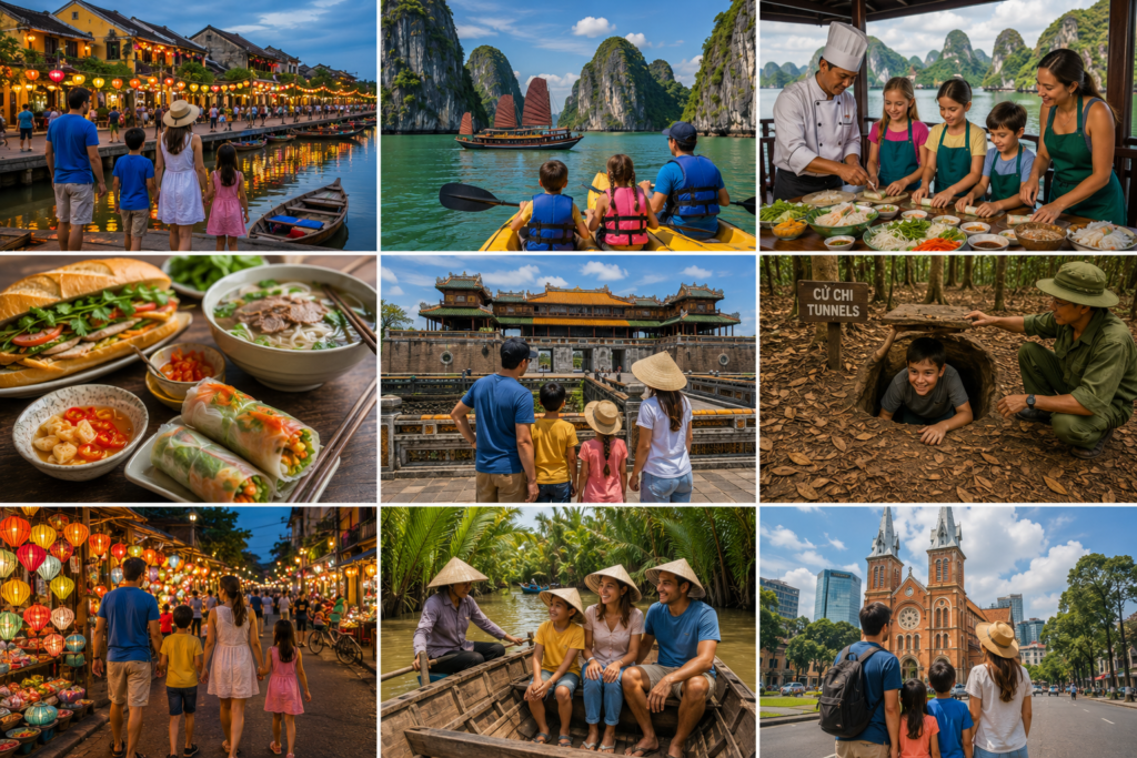 Vietnam family travel collage featuring Hoi An lantern streets, Halong Bay cruise and kayaking, Vietnamese cooking class, banh mi and pho, Hue Imperial Citadel, Cu Chi Tunnels, Mekong Delta boat tour, and Ho Chi Minh City landmarks.
