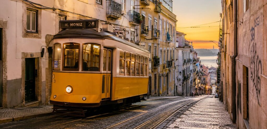 Tram in Alfama, Lisbon, Portugal