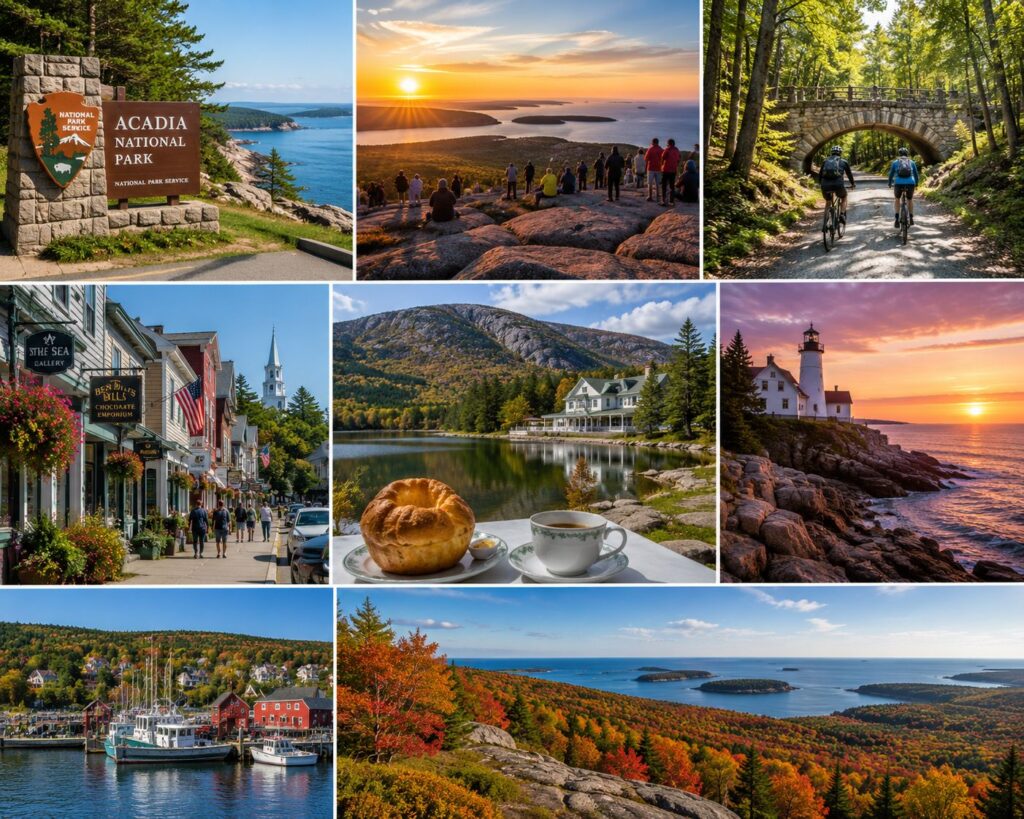 Acadia National Park travel collage featuring Cadillac Mountain sunrise, Jordan Pond, carriage roads, Bass Harbor Head Lighthouse, Bar Harbor waterfront, fall foliage, and scenic coastal landscapes in Maine.