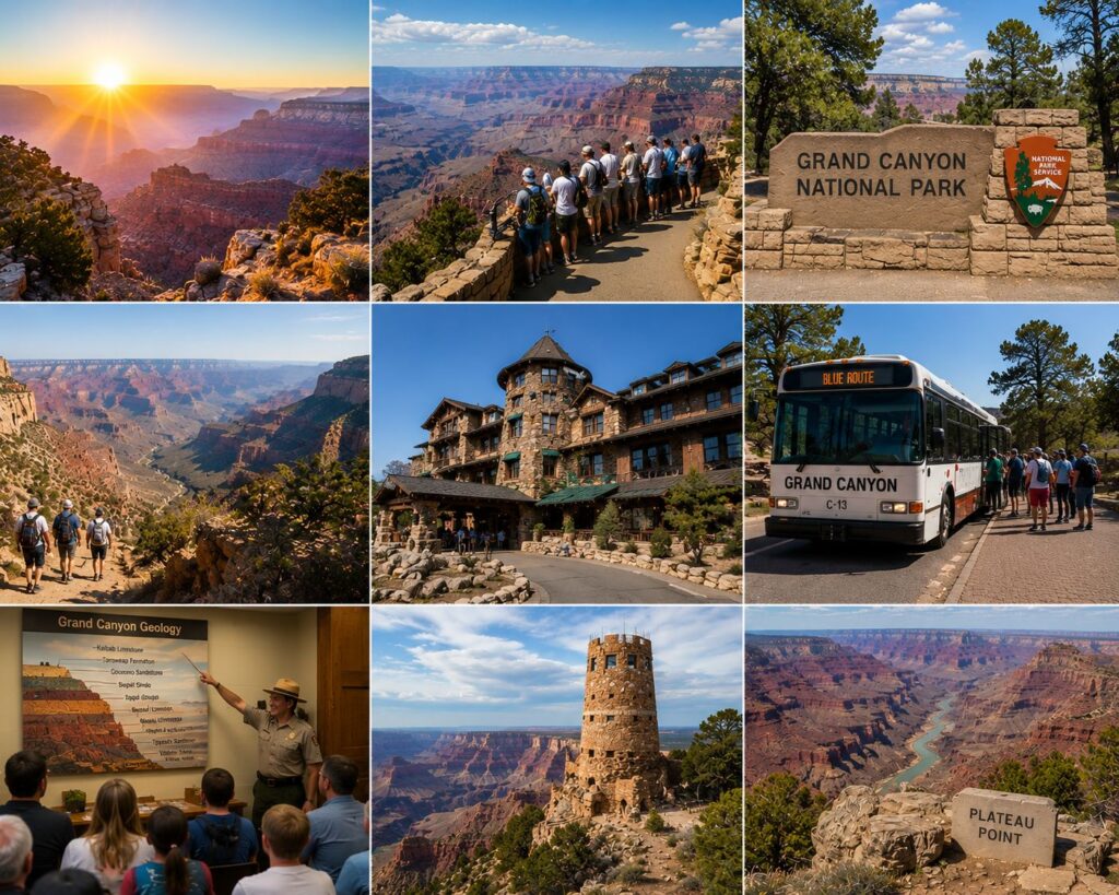 Grand Canyon travel collage featuring South Rim sunrise, Mather Point viewpoints, Grand Canyon National Park entrance sign, Bright Angel Trail hikers, El Tovar Hotel, park shuttle bus, geology ranger program, Desert View Watchtower, and Colorado River canyon views.