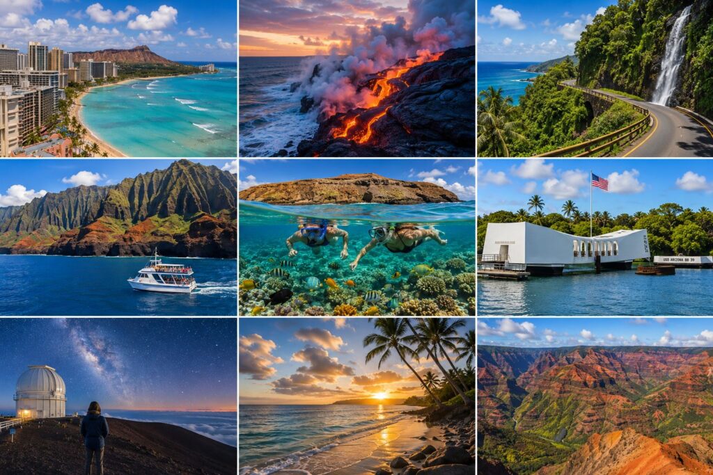 Hawaii travel collage featuring Waikiki Beach, Hawaii Volcanoes National Park lava flows, Road to Hana waterfall drive, Na Pali Coast boat tour, Molokini Crater snorkeling, Pearl Harbor Memorial, Mauna Kea stargazing, tropical sunset beach, and Waimea Canyon.