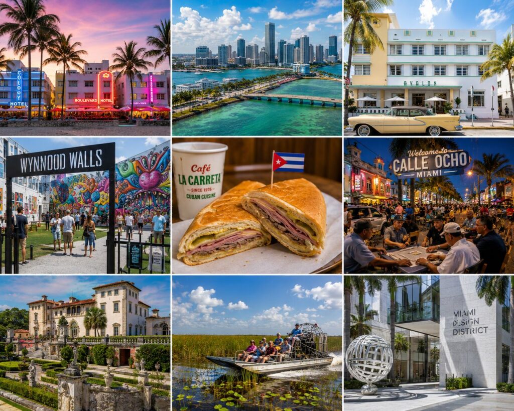 Miami and South Florida travel collage featuring South Beach Art Deco architecture, Biscayne Bay skyline, Wynwood Walls street art, Little Havana Calle Ocho, Cuban sandwich, Vizcaya Museum and Gardens, Everglades airboat tour, and Miami Design District.
