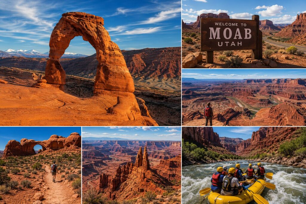 Moab Utah travel collage featuring Delicate Arch, Arches National Park, Canyonlands National Park, Colorado River rafting, scenic desert highways, dramatic red rock formations, hiking trails, and panoramic canyon overlooks.
