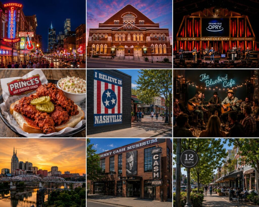 Nashville travel collage featuring Broadway neon lights, Ryman Auditorium, Grand Ole Opry, Prince's Hot Chicken, Bluebird Cafe, Johnny Cash Museum, downtown skyline, and 12 South neighborhood.