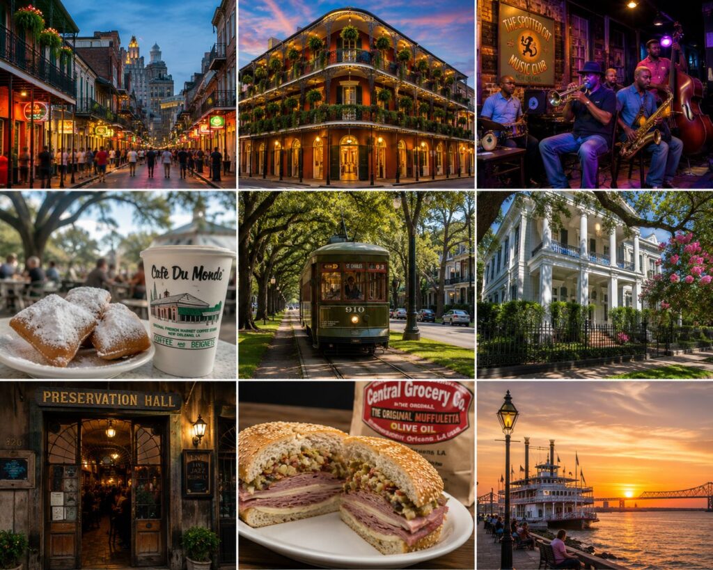 New Orleans travel collage featuring the French Quarter, jazz musicians on Frenchmen Street, Cafe Du Monde beignets, St Charles streetcar, Garden District mansions, Preservation Hall, muffuletta sandwich, and Mississippi River sunset.
