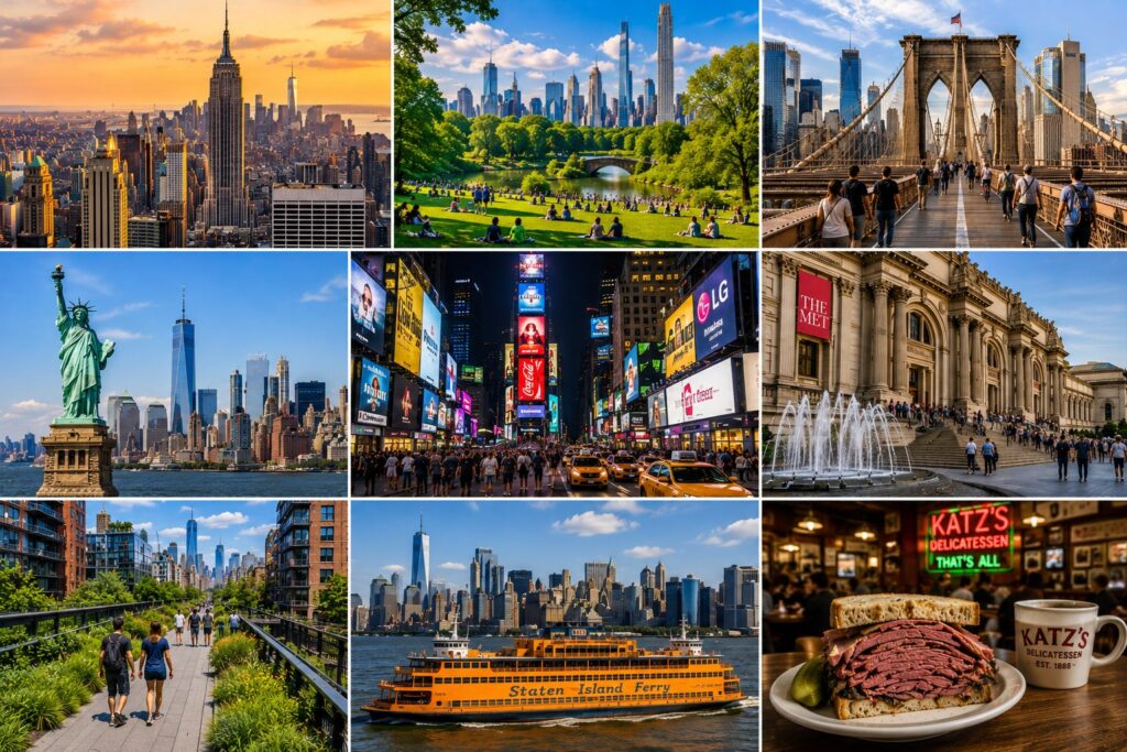 New York City travel collage featuring Manhattan skyline, Central Park, Brooklyn Bridge, Statue of Liberty, Times Square, Metropolitan Museum of Art, High Line Park, Staten Island Ferry, and Katz's Delicatessen.
