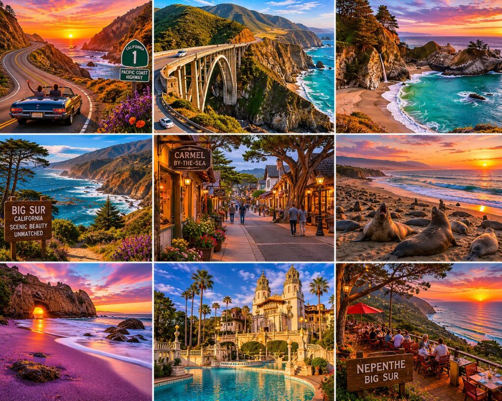 Pacific Coast Highway travel collage featuring Big Sur coastline, Bixby Creek Bridge, McWay Falls, Carmel-by-the-Sea, elephant seals at Piedras Blancas, Hearst Castle, Pfeiffer Beach, scenic coastal drives, and Nepenthe restaurant.