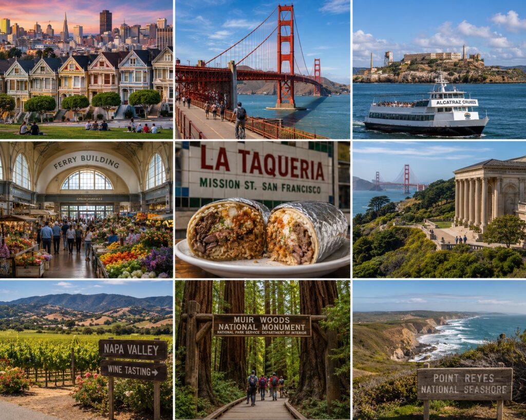 San Francisco and Northern California travel collage featuring the Painted Ladies, Golden Gate Bridge, Alcatraz Island, Ferry Building Marketplace, Mission District burrito, Legion of Honor, Napa Valley vineyards, Muir Woods redwoods, and Point Reyes National Seashore.