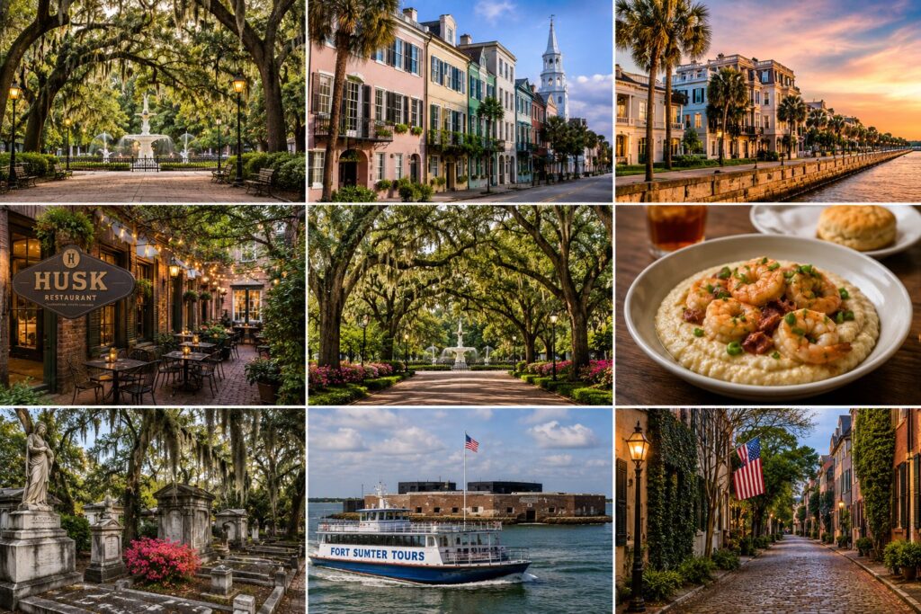 Savannah and Charleston travel collage featuring Forsyth Park, Rainbow Row, Charleston waterfront, Husk restaurant, Spanish moss oak trees, shrimp and grits, Bonaventure Cemetery, Fort Sumter ferry, and historic cobblestone streets.