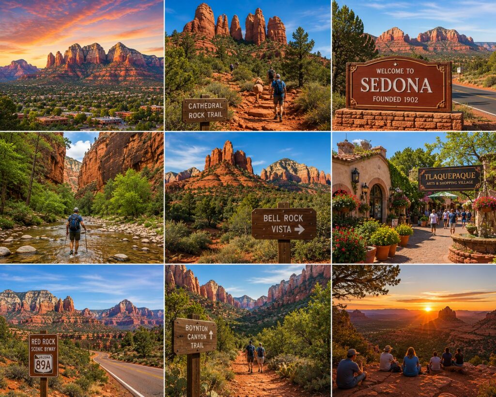 Sedona Arizona travel collage featuring Cathedral Rock, Bell Rock, Red Rock Scenic Byway, West Fork Oak Creek Canyon, Boynton Canyon Trail, Tlaquepaque Arts Village, scenic hiking trails, and stunning red rock sunsets.