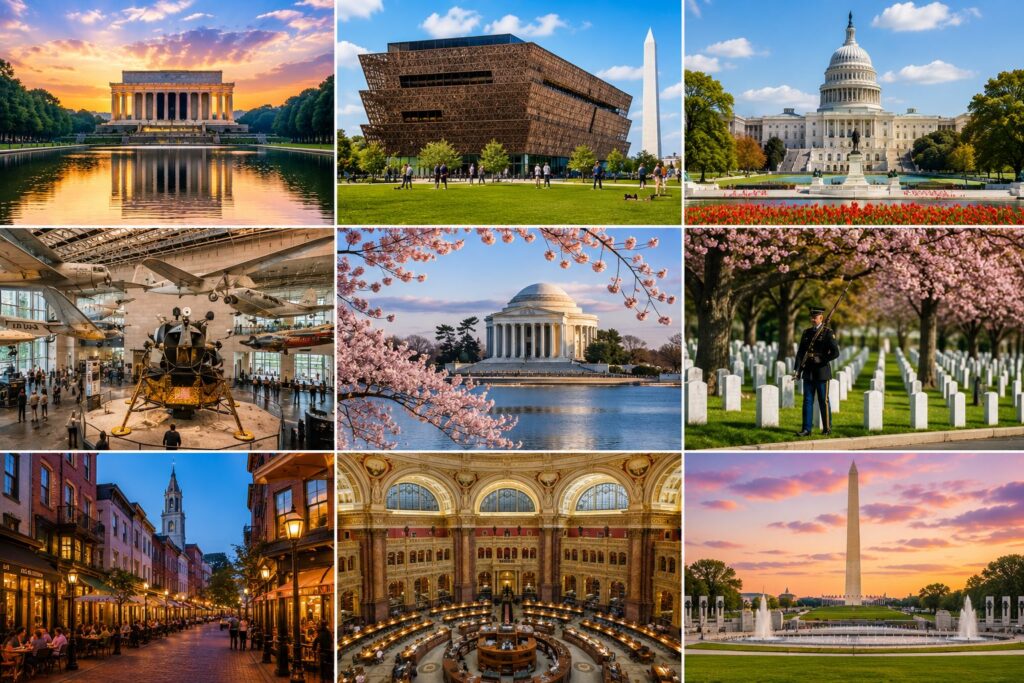 Washington DC travel collage featuring Lincoln Memorial, National Museum of African American History and Culture, US Capitol, National Air and Space Museum, Jefferson Memorial, Arlington National Cemetery, Georgetown, Library of Congress, and Washington Monument.
