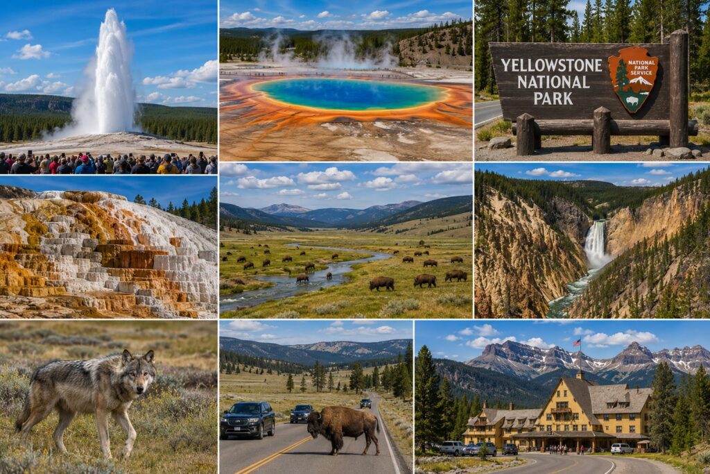 Yellowstone National Park travel collage featuring Old Faithful geyser, Grand Prismatic Spring, Yellowstone entrance sign, Mammoth Hot Springs terraces, Lamar Valley bison herds, Grand Canyon of the Yellowstone, gray wolf, wildlife road crossing, and historic Yellowstone lodge.