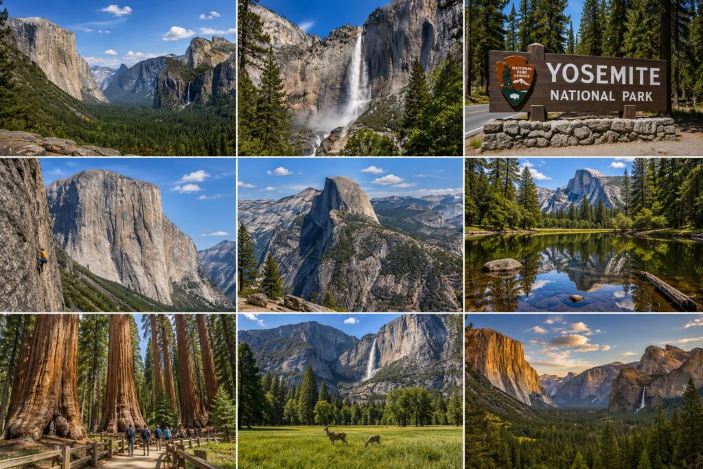 Yosemite National Park travel collage featuring Tunnel View, Yosemite Falls, Yosemite entrance sign, El Capitan climbers, Half Dome, Mirror Lake reflections, Mariposa Grove giant sequoias, Yosemite Valley wildlife, and golden-hour valley scenery.
